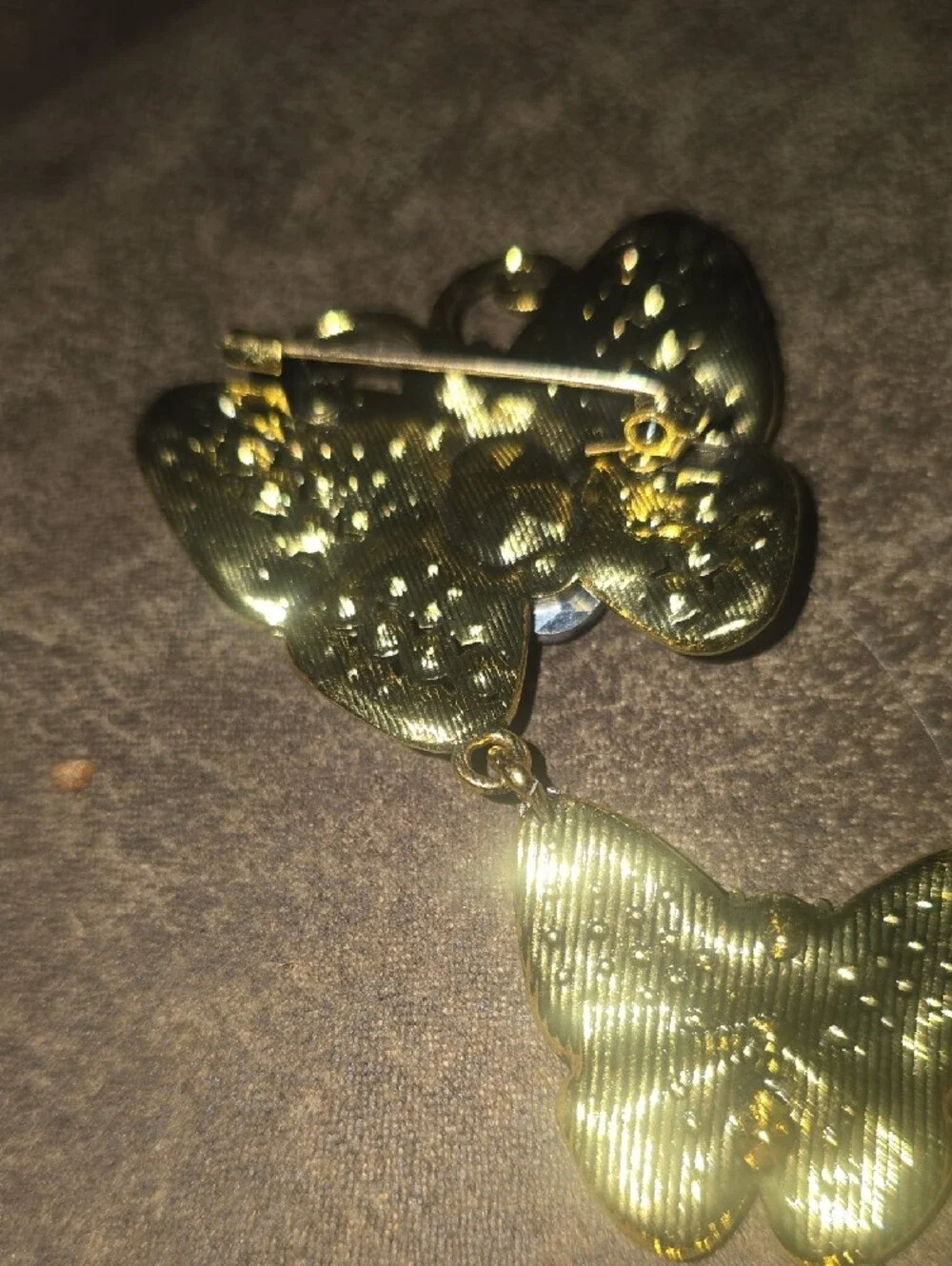 Vintage Style Triple Butterfly Drop Brooch Pin Blue Rhinestone Crystal Gold Tone